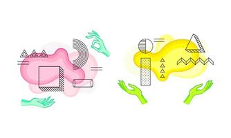 Human hands with contours of geometric shapes and colorful bright blobs set illustration vector