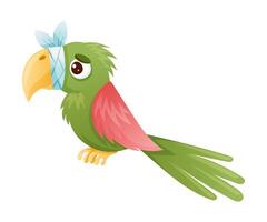 Sick parrot bird. Sad exotic parrot with bandage on its beak suffering from toothache cartoon illustration vector