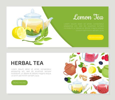 Herbal tea landing page templates set. Organic healthy drinks, lemon tea horizontal web banners illustration