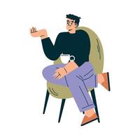 Man Character in Cafe Sitting on Chair with Cup and Talking Illustration vector