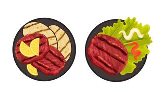 Grilled food set. Meat steak served on plates with vegetables. Top view of delicious dishes for barbecue party menu illustration vector