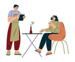 Woman in the Cafe Sitting at Table Take Order with Waiter Standing Illustration vector