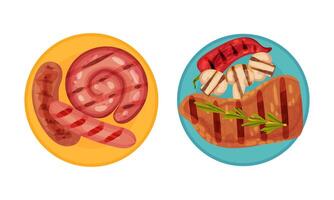 Grilled food set. Meat steak and sausages served on plates with vegetables. Top view of delicious dishes for barbecue party menu illustration vector