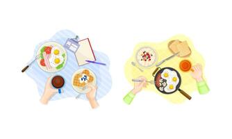 View from above of hands and breakfast dishes set. Waffle, porridge and fried eggs served on plates illustration vector