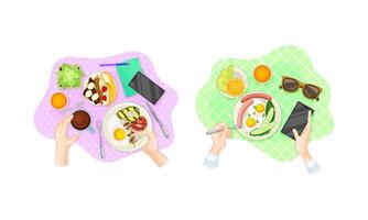 View from above of hands and healthy breakfast dishes served on plates set illustration vector