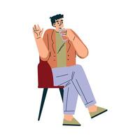 Man Character in Cafe Sitting on Chair with Glass of Juice Illustration vector