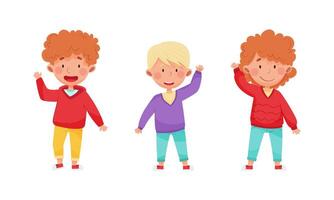 Smiling boys waving their hands in greeting set cartoon illustration vector