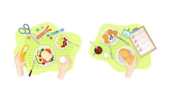 View from above of hands and breakfast dishes set. Sandwich, waffles and fruit served on plates illustration vector