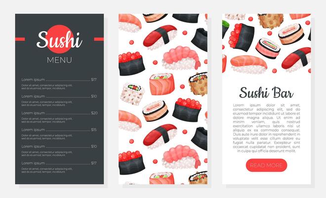 Asian food menu web banners set. Sushi bar, restaurant, cafe, delivery service mobile app illustration