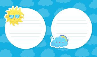 Notebook, card, notes, stickers page template with weather forecast signs. Lined notepad, diary paper illustration vector