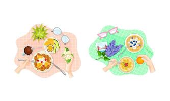 View from above of hands and breakfast dishes set. Waffles, porridge and fruit served on plates illustration vector