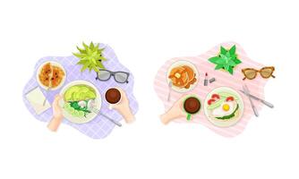 View from above of hands and breakfast dishes set. Sandwich, waffle, pancakes and fried eggs served on plates illustration vector