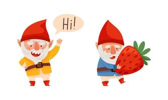 Gnome daily routine activities set. Cute scandinavian gnomes in red caps waving hand in greeting and holding strawberry cartoon illustration vector