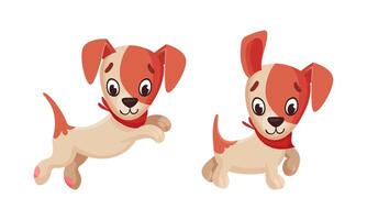Cute puppy daily routine set. Adorable little pet animal joyfully jumping and walking cartoon illustration vector