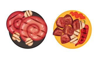 Grilled meat and vegetables set. Top view of delicious dishes for barbecue party menu illustration vector