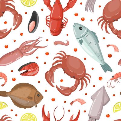 Fresh seafood seamless pattern. Background, wallpaper, cover, textile, packaging design for fish market, restaurant, fishery products shop