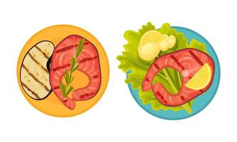 Grilled food set. Salmon fish served on plate with vegetables. Top view of delicious dishes for barbecue party menu illustration vector