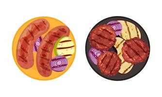 A la parrilla comida colocar. salchichas y carne de vaca filete servido en plato con vegetales. parte superior ver de delicioso platos para parilla fiesta menú ilustración vector
