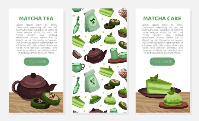 Matcha cake web banners with text set. Traditional Japanese and Chinese tea ceremony mobile app illustration