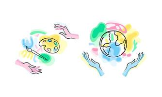 Ecology and environment protection set. Human hands with art palette and Earth globe hand drawn illustration vector