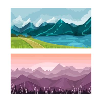 Beautiful mountain landscape in evening and under purple morning sky illustration