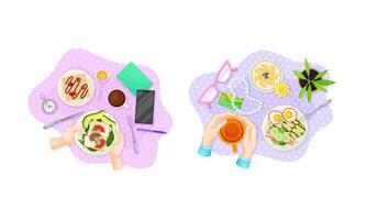 manos y sabroso desayuno platos servido en platos, parte superior ver ilustración vector