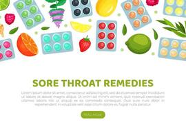 Lozenges landing page template. Sore throat treatment web banner with text illustration vector