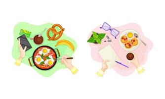 View from above of hands and delicious breakfast dishes set illustration vector