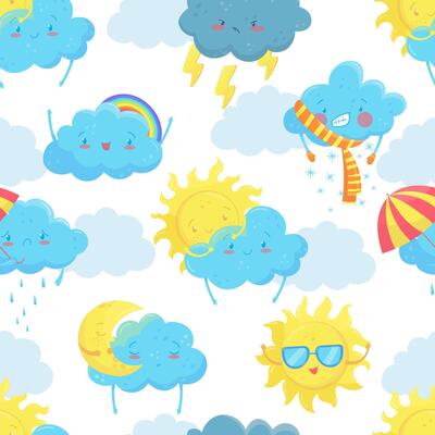 Weather forecast seamless pattern. Cloud, sun, rain, snow background, print, fabric, wallpaper design illustration