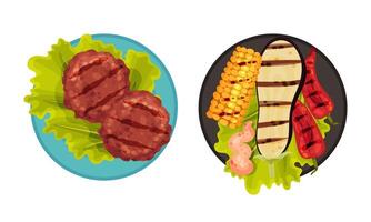 Grilled food set. Beef steak and vegetables served on plates. Top view of delicious dishes for barbecue party menu illustration vector