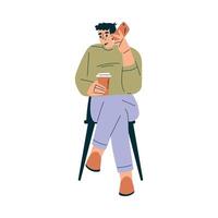 Man Character in Cafe Sitting on Chair with Coffee Cup and Smartphone Illustration vector
