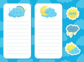 Notebook page template with weather forecast stickers. Lined notepad, diary paper illustration vector