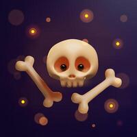 3d Halloween skull and bones banner. Three-dimensional illustration design for spooky party invitation. Autumn evil night concept poster. Happy scary Skeleton character on glowing card. vector