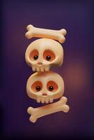 3d Halloween skulls and bones banner. Three-dimensional illustration design for spooky party invitation. Autumn evil night concept poster. Happy scary Skeleton character on glowing card. vector