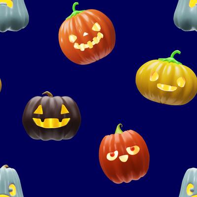 3d Halloween pumpkins pattern. Glowing scary decoration for October holiday. Three-dimensional illustration spooky face light. Autumn Jack o lantern carved cute vegetable for evil celebration