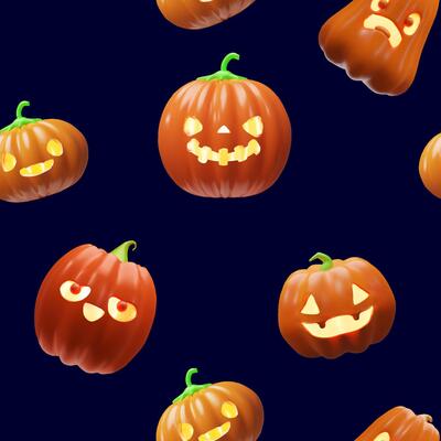 3d orange Halloween pumpkins pattern. Glowing scary decoration for October holiday. Three-dimensional illustration spooky face light. Autumn Jack o lantern carved vegetable evil celebration