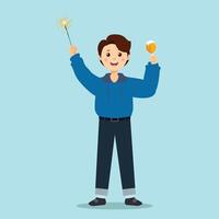 Happy man with sparkler and glass of wine illustration vector
