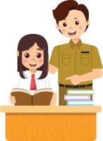 A man and a girl are sitting at a desk with books vector