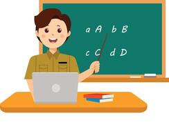 A teacher is standing in front of a blackboard with a laptop vector