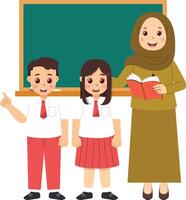 A teacher and two children standing in front of a blackboard vector