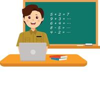 A man sitting at a desk with a laptop and a chalkboard vector