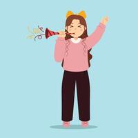 A girl is blowing a horn with her mouth open vector