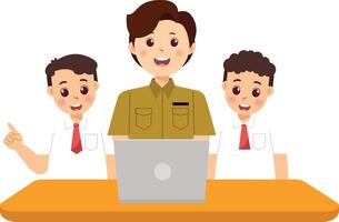A man and two boys are sitting at a table with a laptop vector