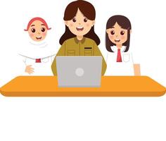 A woman and two children are sitting at a table with a laptop vector
