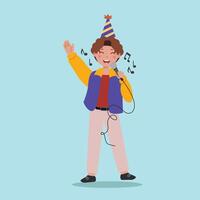 A cartoon boy in a party hat singing into a microphone vector