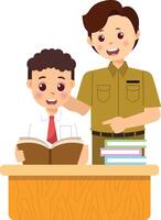 A man and boy sitting at a desk with books vector