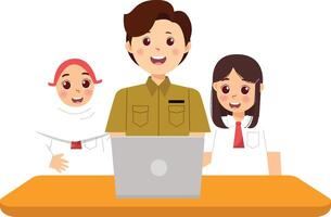 A man and two children are sitting at a table with a laptop vector