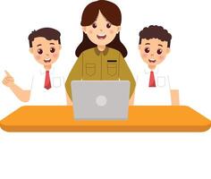 A woman and two boys sitting at a table with a laptop vector