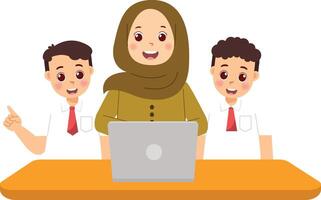 A woman with three boys in front of a laptop vector