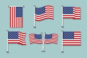 Set of USA Flag with Pole and Waving Styles vector